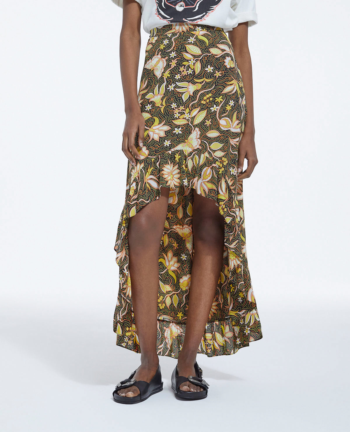 The Kooples - Falda Asimétrica Floral Con Volantes - Negro - Mujer