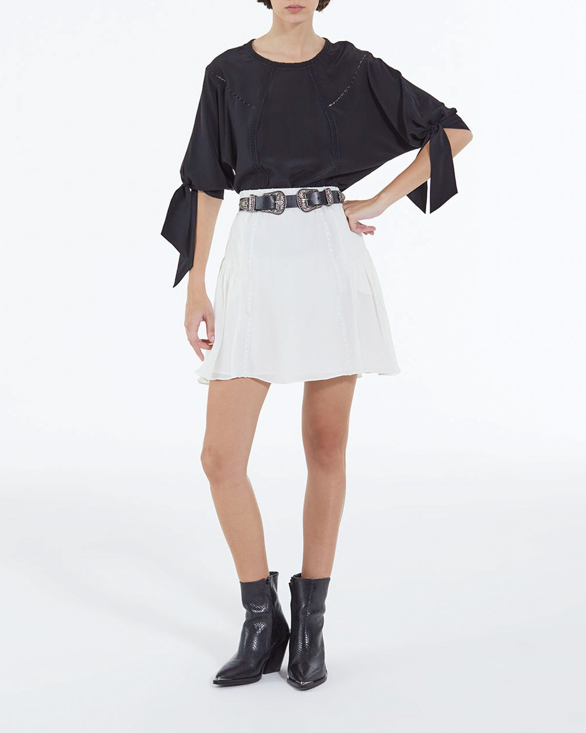 The Kooples - Short Ecru Silk Skirt with Gallon Detail - Women