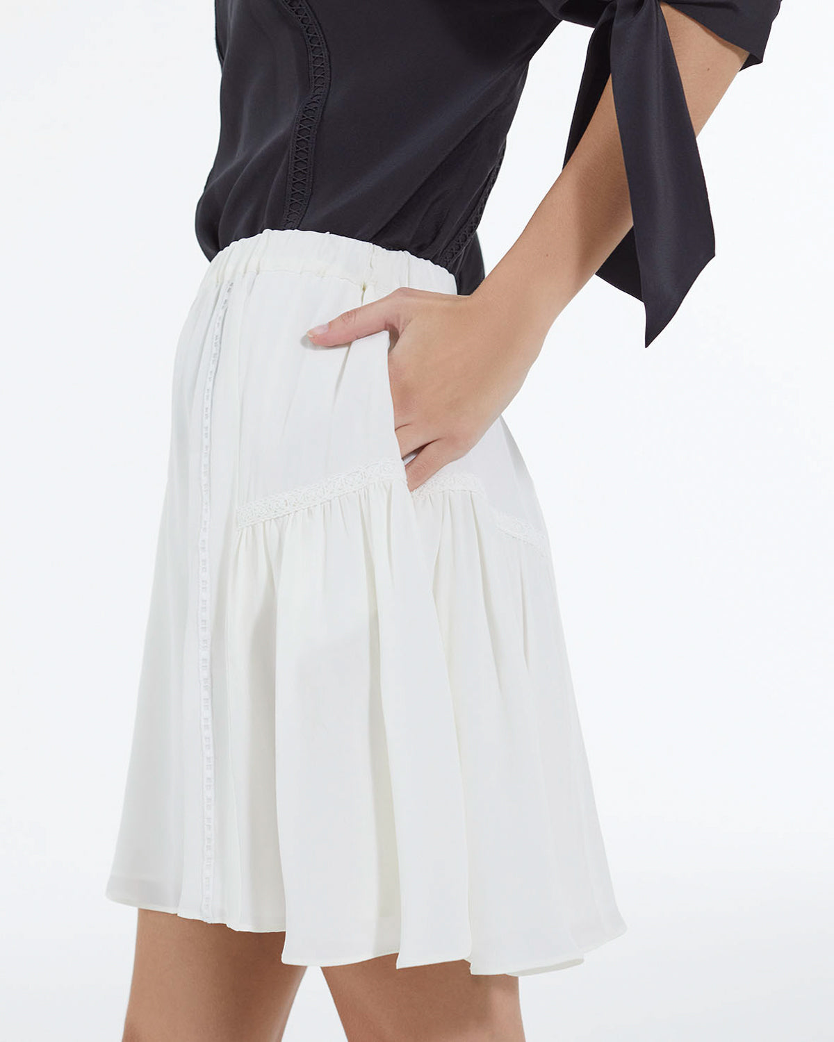 The Kooples - Short Ecru Silk Skirt with Gallon Detail - Women