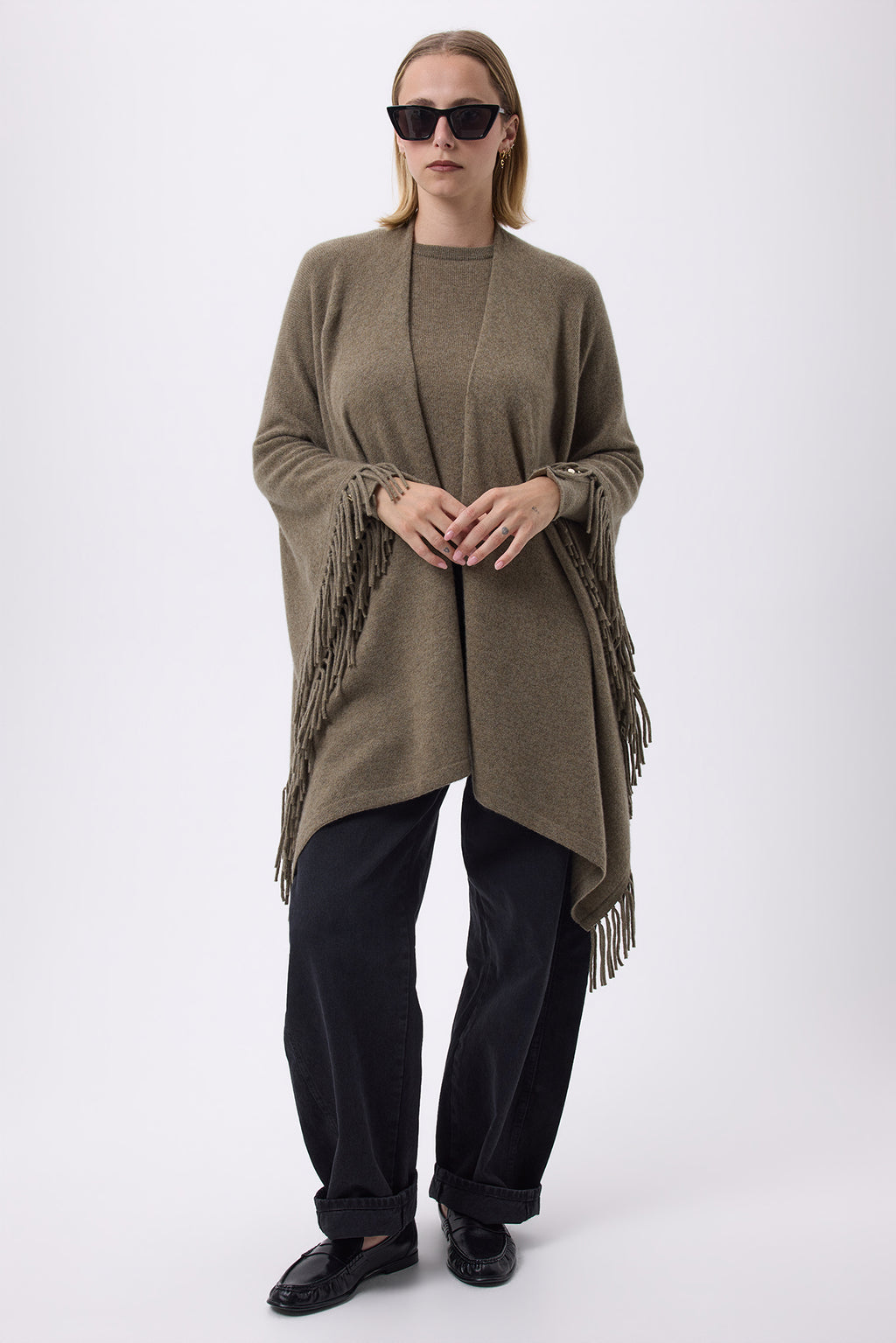 Poncho con frange Flago - Verde kaki - Donna