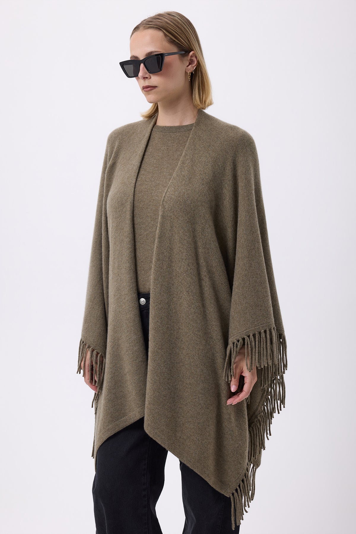 Poncho con frange Flago - Verde kaki - Donna