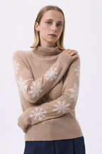 Trui met opstaande kraag en sneeuwvlokken op de mouwen F Flocon - Crème Beige Wit - Dames