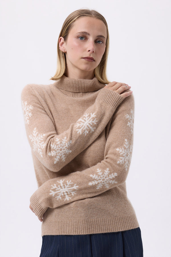 Striktrøje med høj hals og snemønster på ærmerne F Flocon - Beige creme/Hvid - Dame