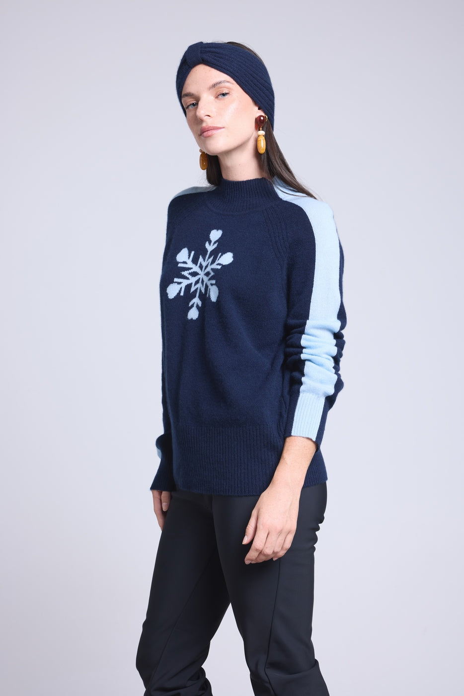 Flora Large Snowflake High-Neck Jumper - Navy Blue Sky Blue - Women