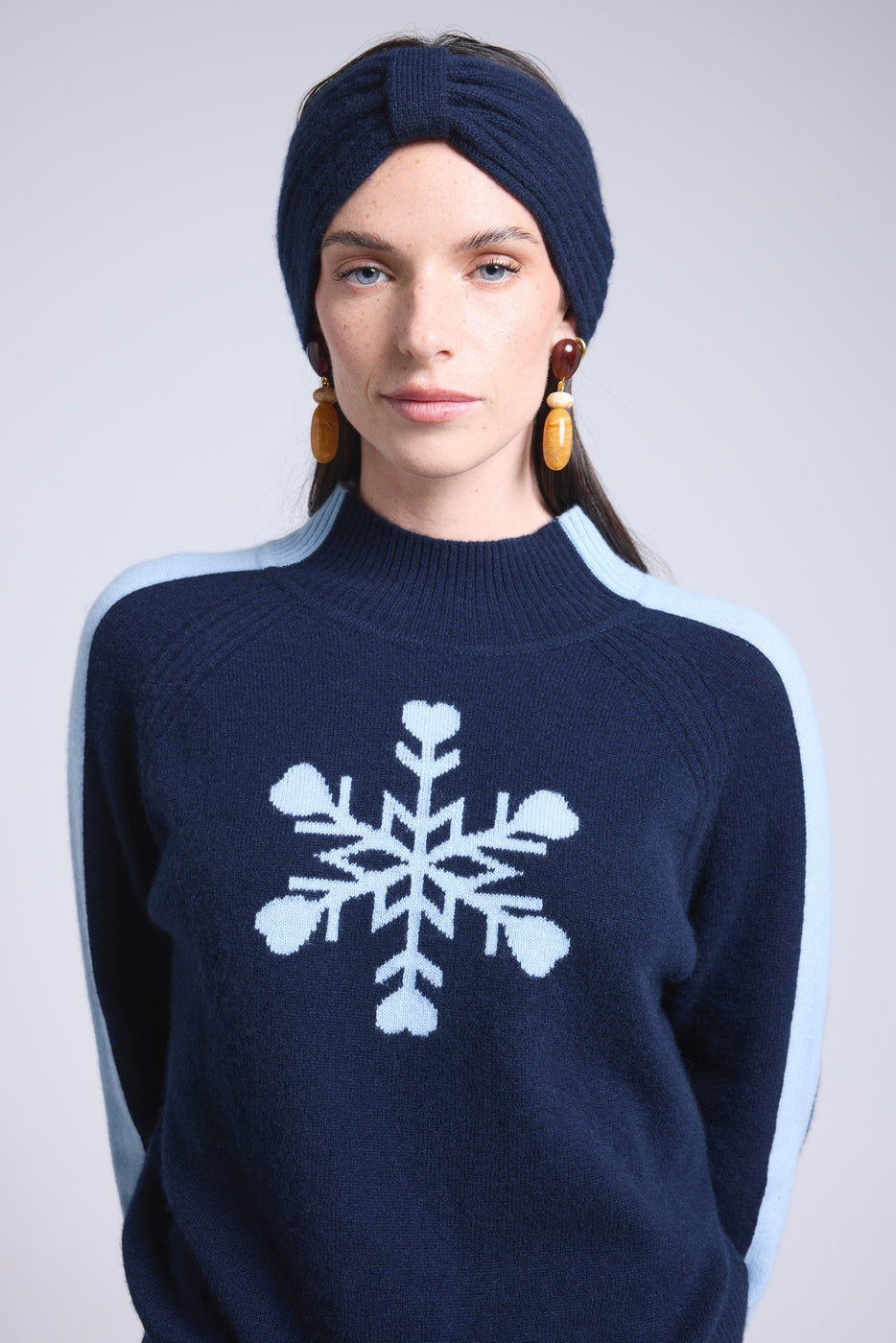 Flora Large Snowflake High-Neck Jumper - Navy Blue Sky Blue - Women