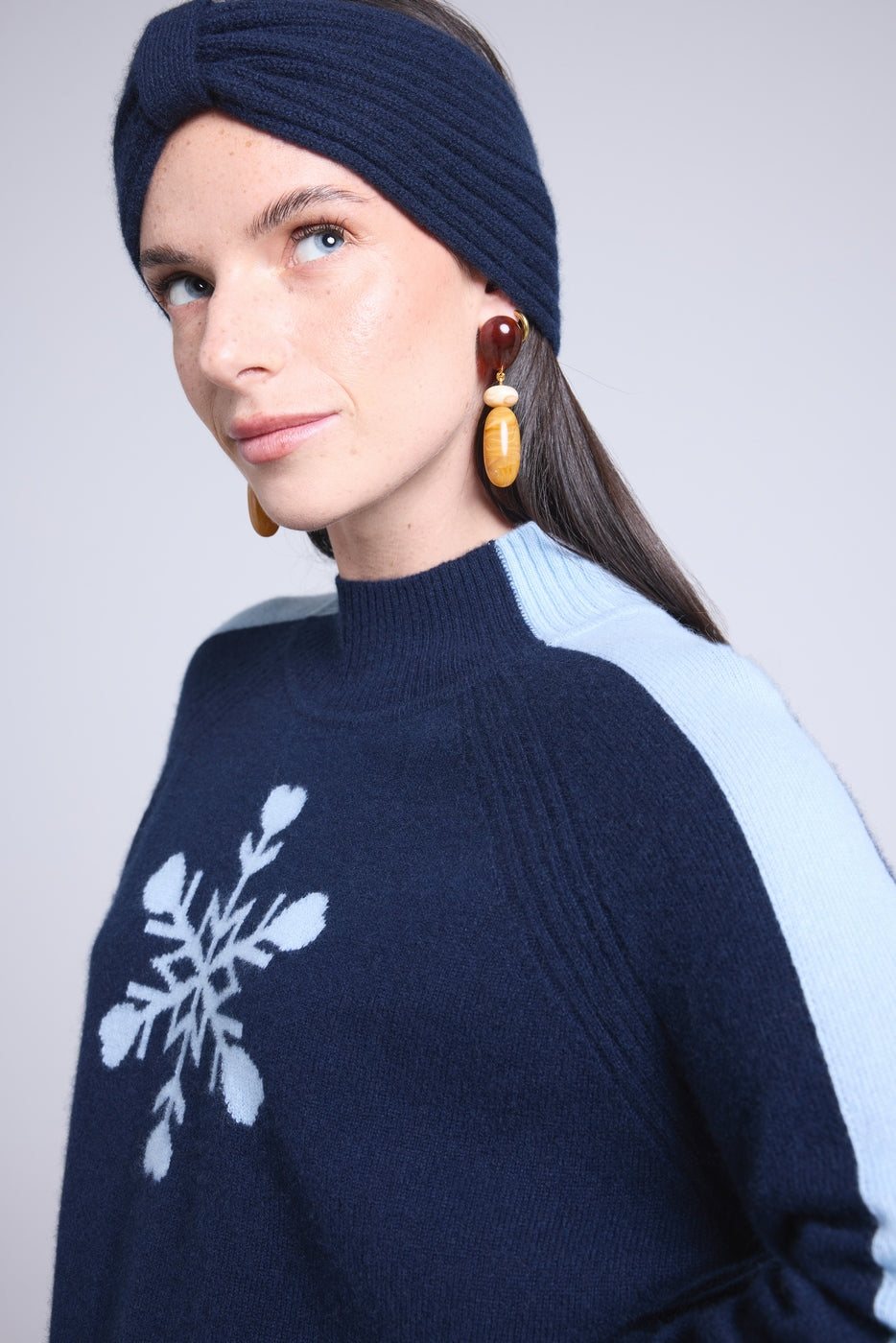 Flora Large Snowflake High-Neck Jumper - Navy Blue Sky Blue - Women