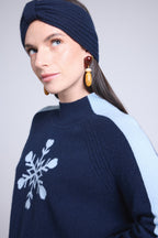 Flora Large Snowflake High-Neck Jumper - Navy Blue Sky Blue - Women