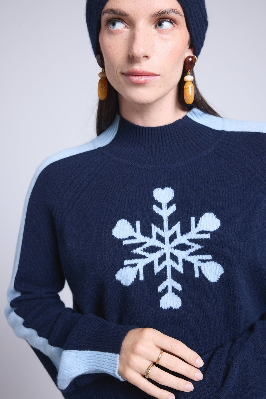 Flora Large Snowflake High-Neck Jumper - Navy Blue Sky Blue - Women