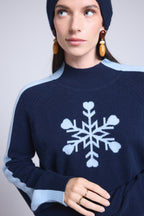 Flora Large Snowflake High-Neck Jumper - Navy Blue Sky Blue - Women