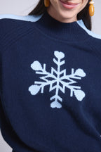 Flora Large Snowflake High-Neck Jumper - Navy Blue Sky Blue - Women