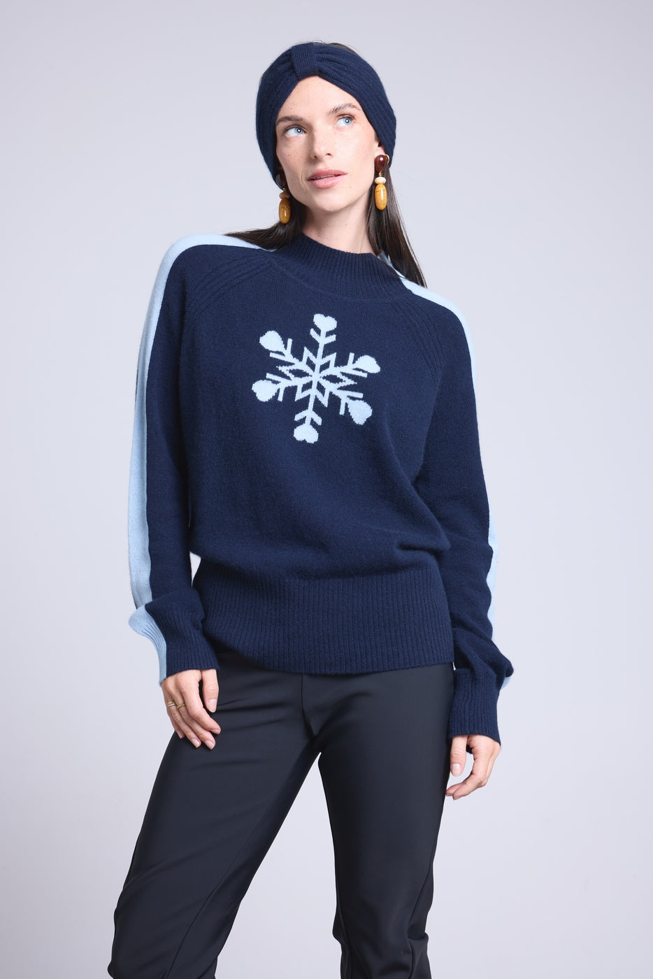 Flora Large Snowflake High-Neck Jumper - Navy Blue Sky Blue - Women