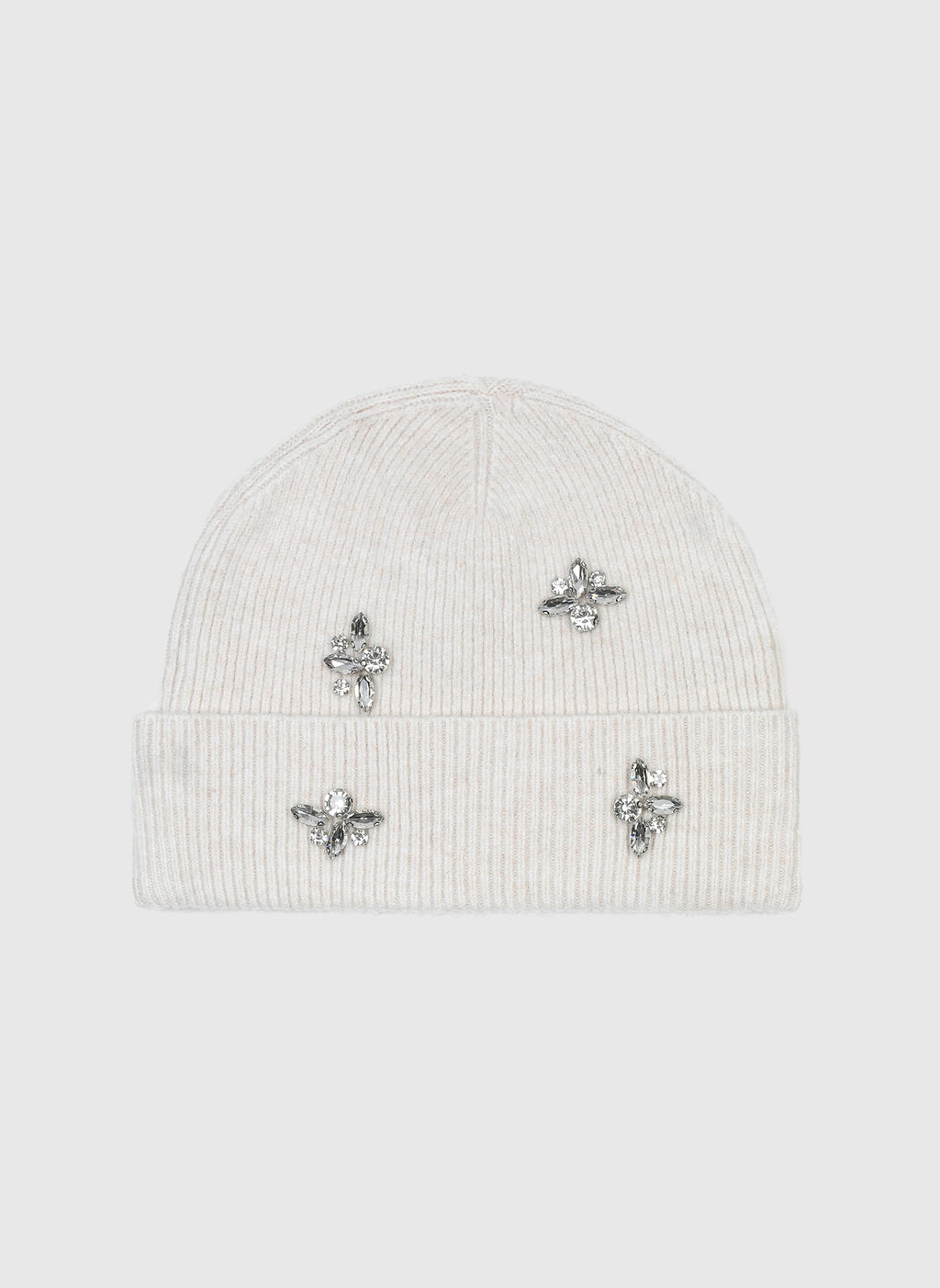 An'ge – Gorro Flossie Ecru, gorro de punto de canalé beige claro decorado con aplicaciones brillantes