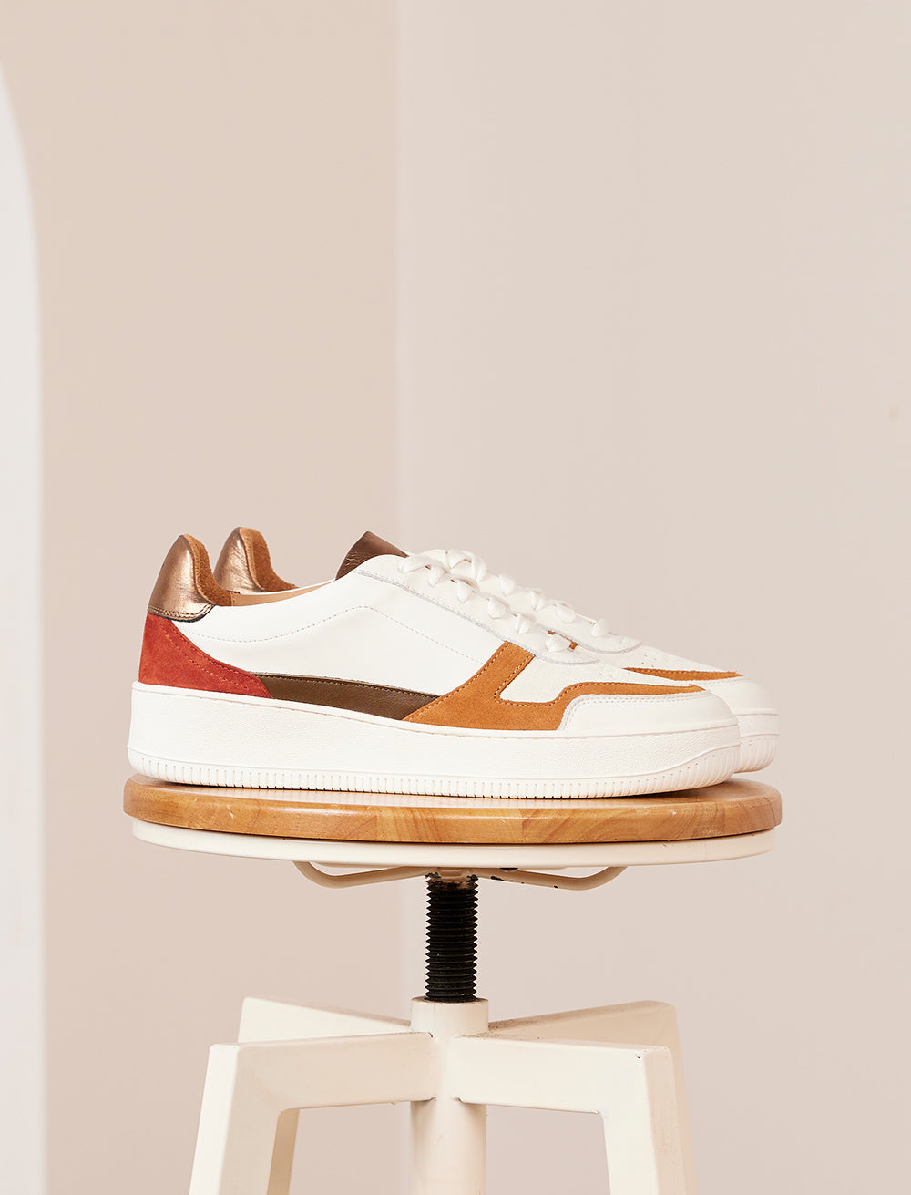 Vasco Lace-Up Trainers - White, Rust & Bronze - Women