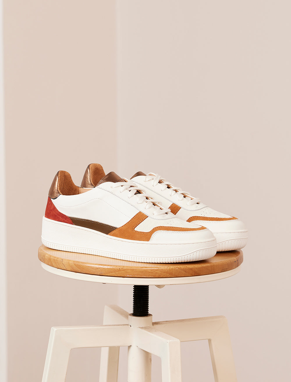 Vasco Lace-Up Trainers - White, Rust & Bronze - Women