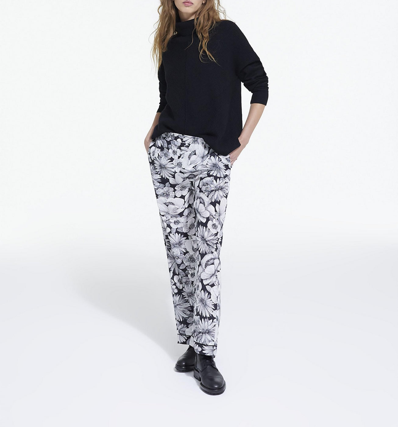 The Kooples - Pantalon Droit En Soie - Ecru Et Noir - Femme