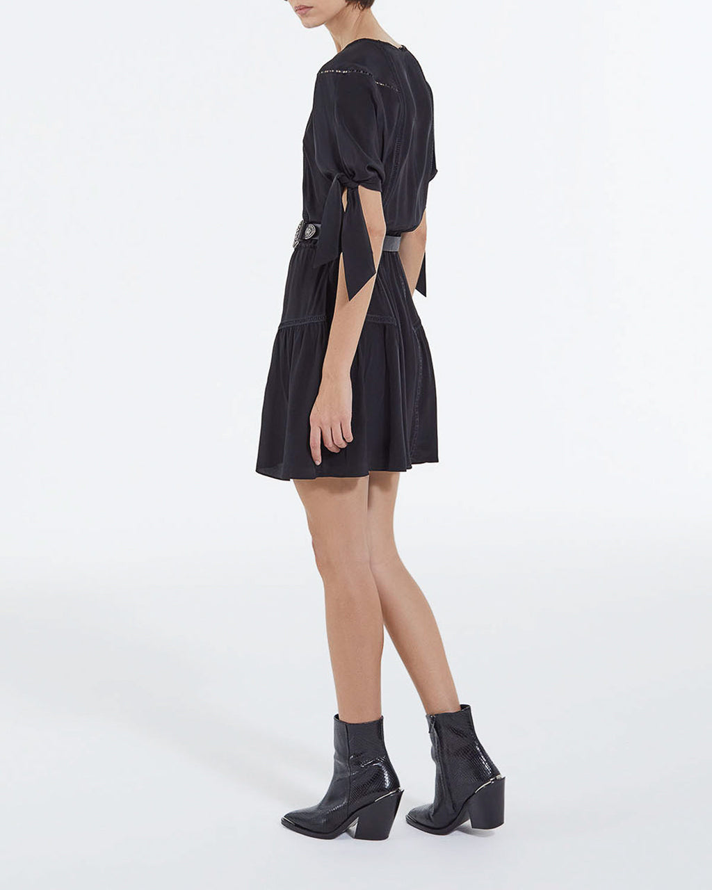 The Kooples - Vestido Corto De Seda Negro Con Mangas Lazadas - Mujer
