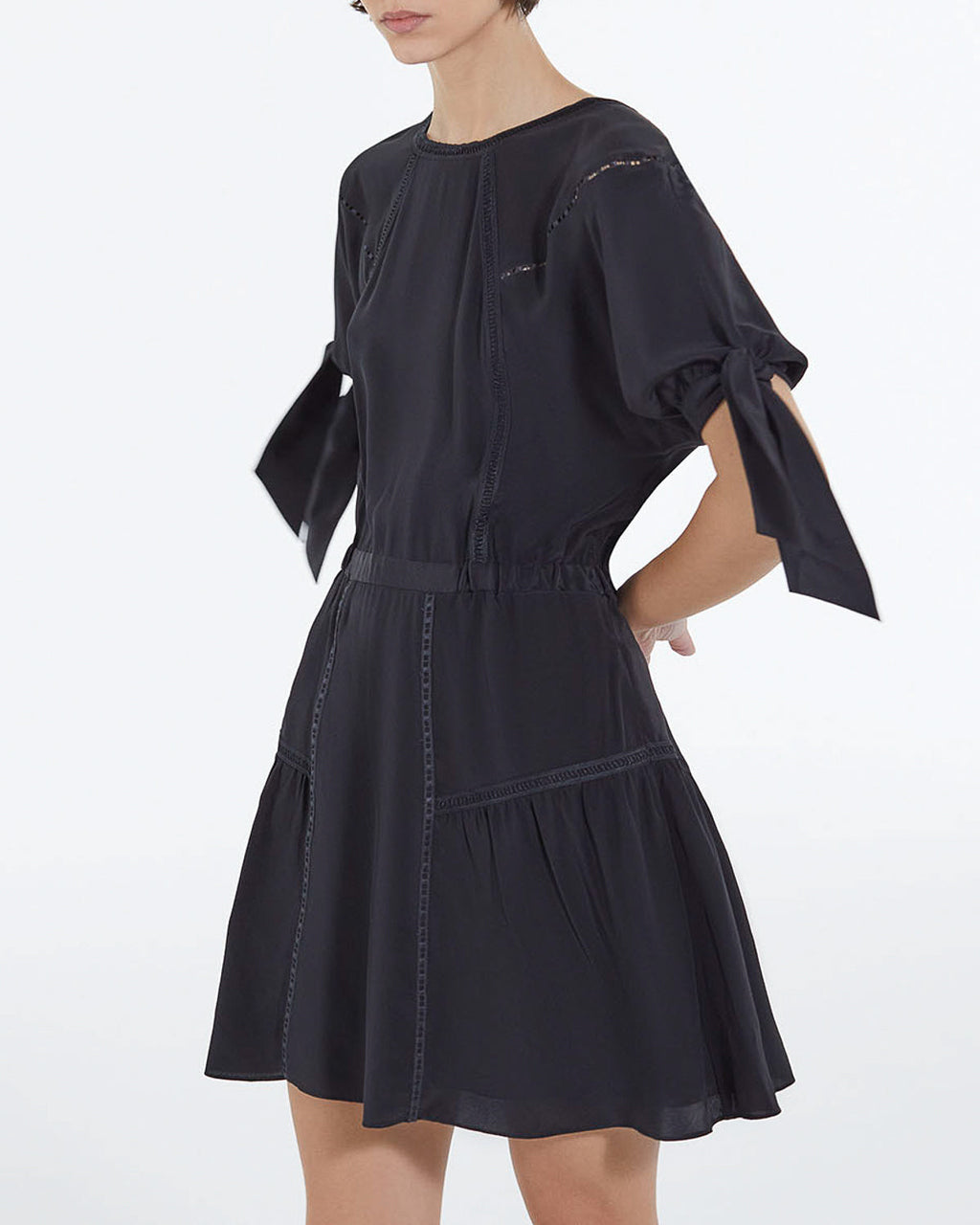 The Kooples - Vestido Corto De Seda Negro Con Mangas Lazadas - Mujer