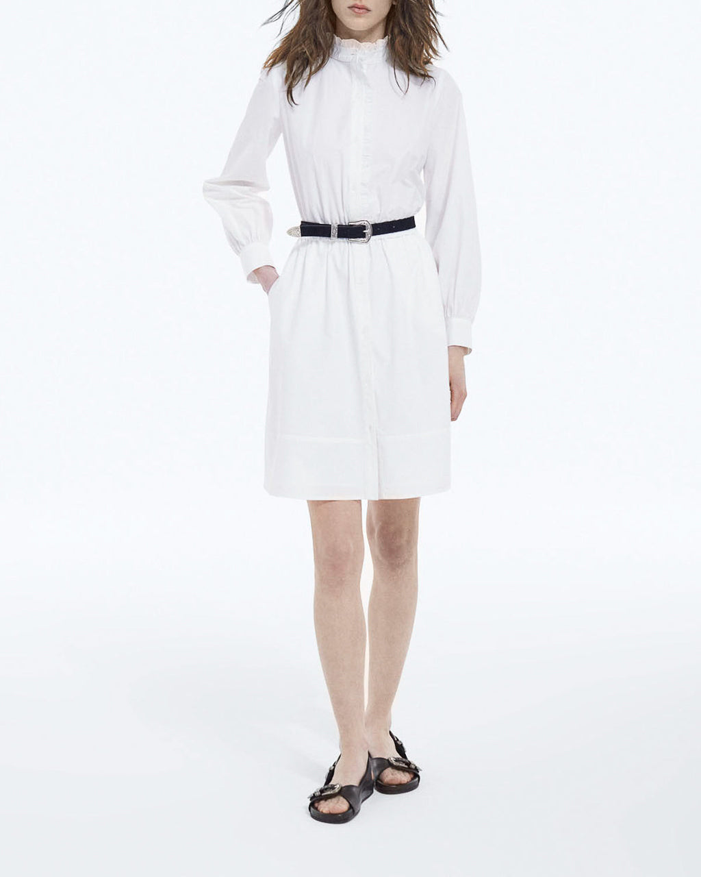 The Kooples - Robe Blanche En Coton Col Montant Boutonnée - Femme
