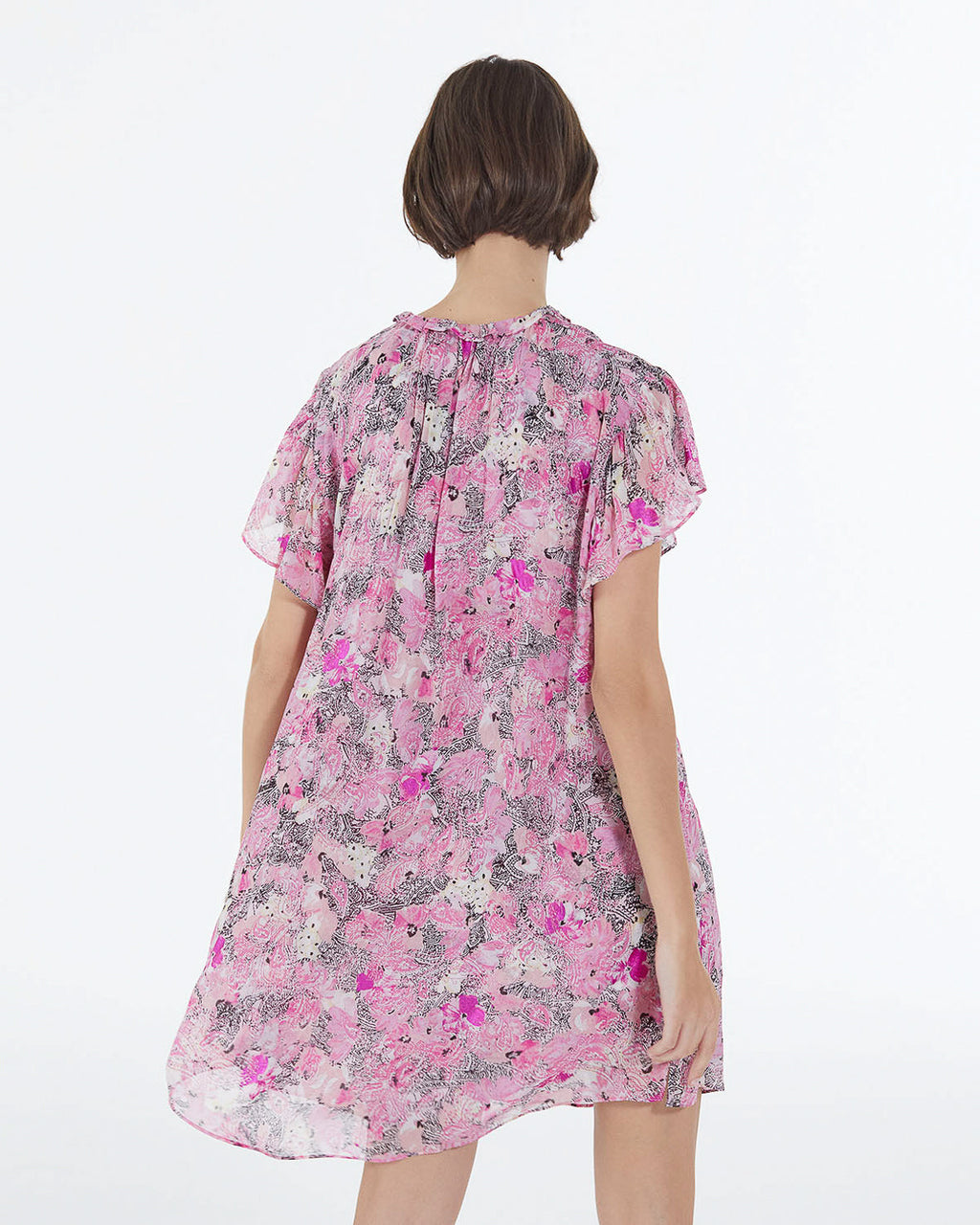 The Kooples - Short Pink Dress With Frilled Sleeves & Print - Women