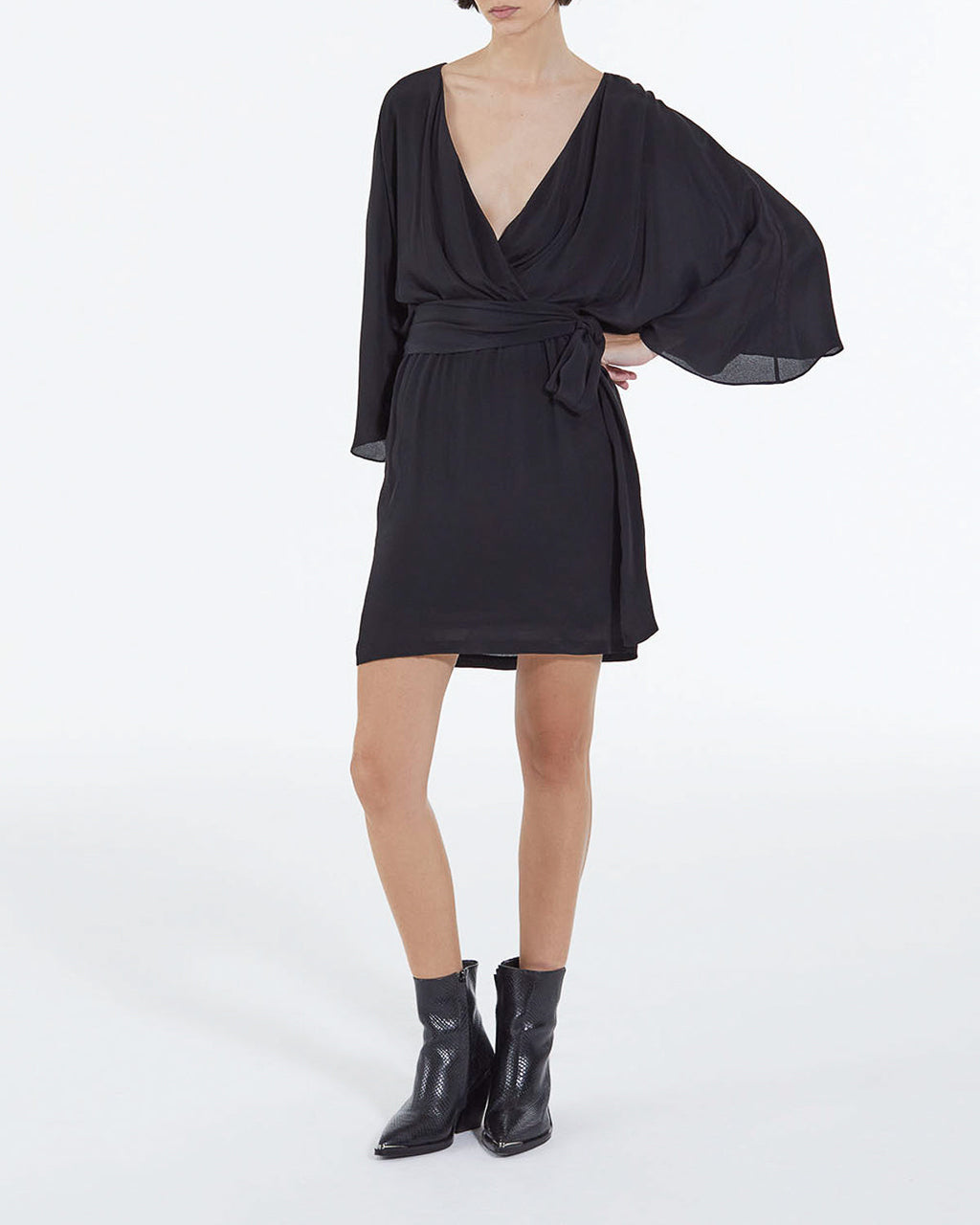 The Kooples - Robe Courte Kimono Ceinturée En Viscose Soie - Noir - Femme