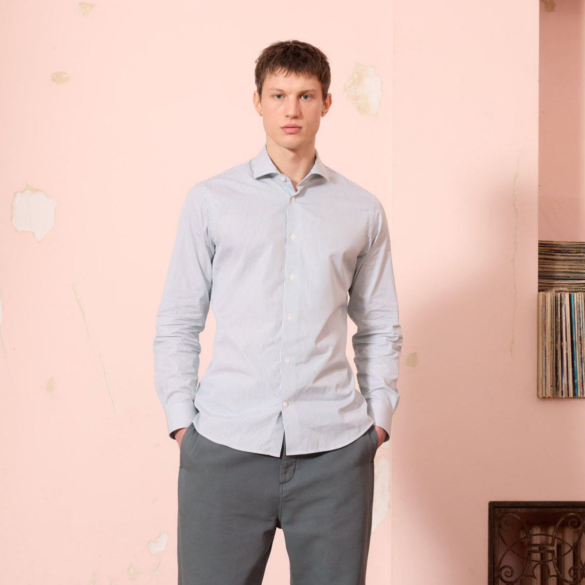 Chemise En Popeline À Fines Rayures Vertes