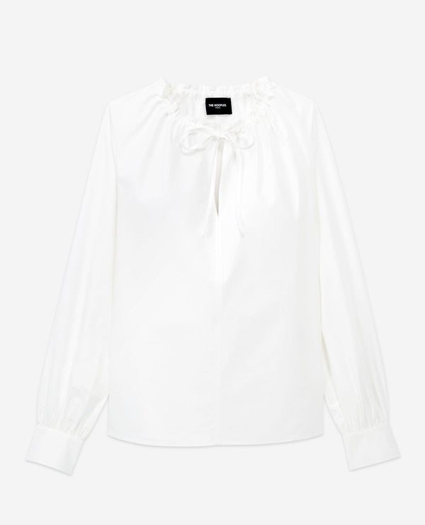 Top de algodón blanco con cuello caído fruncido y lazos - Mujer