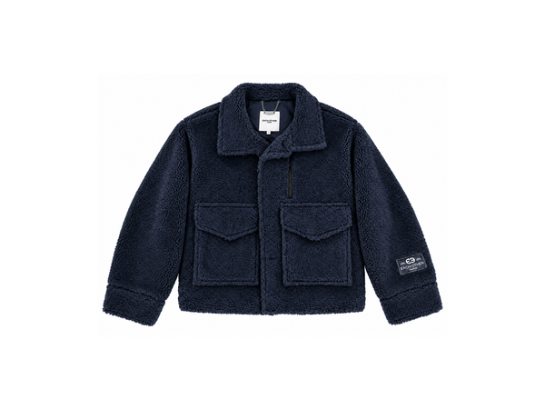 Teddy Bomber Jacket With Buttoned Pockets - Navy Blue