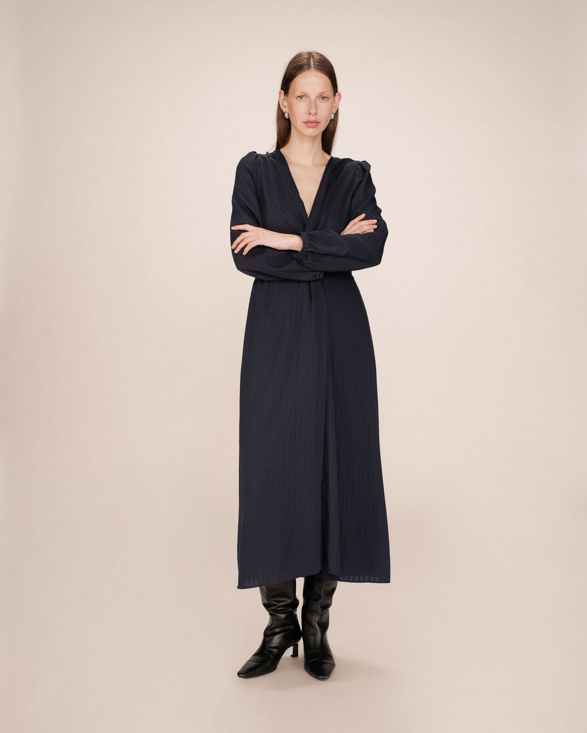 Long Dress V-Neckline Navy Shirley