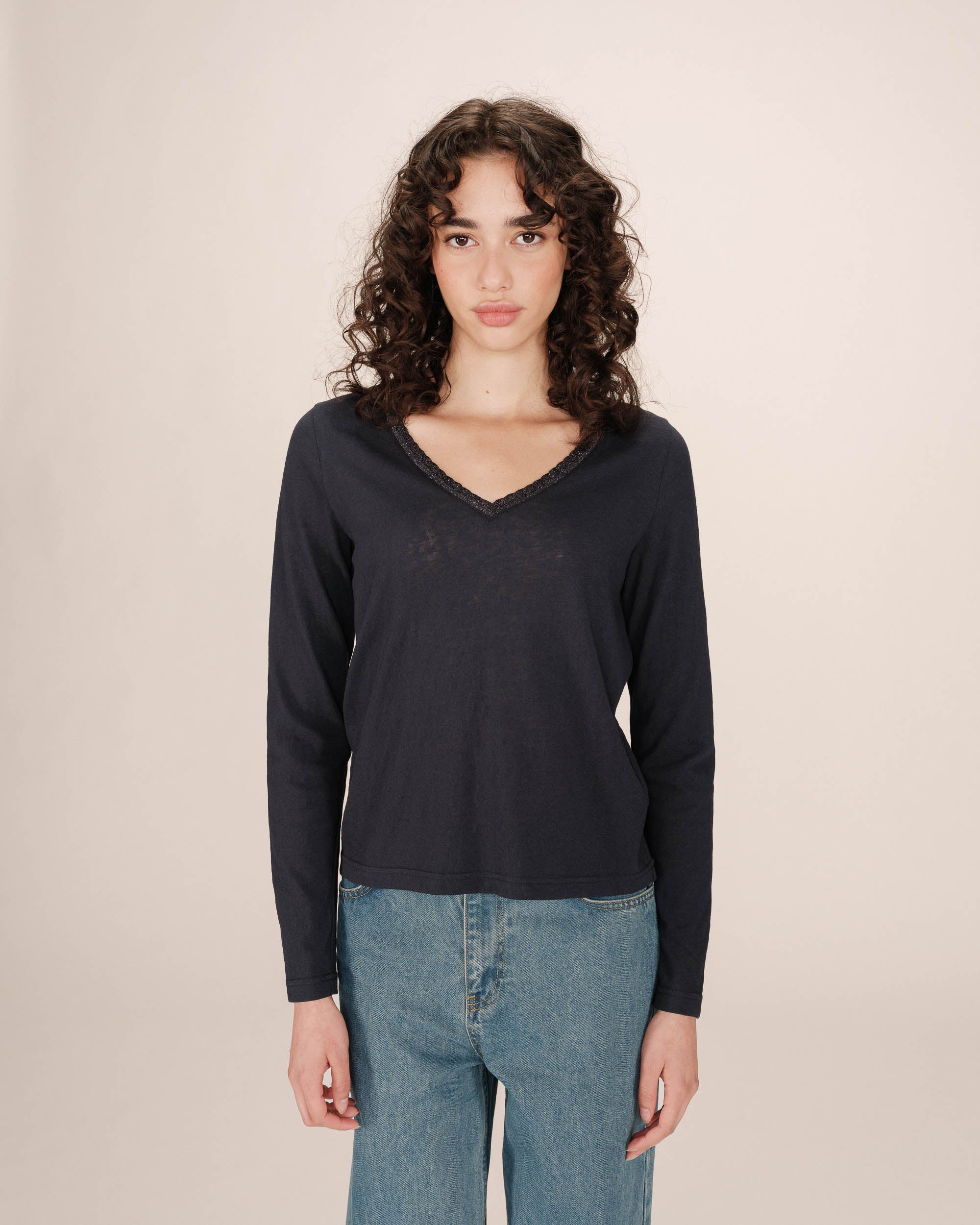T-Shirt Col V Marine Selton