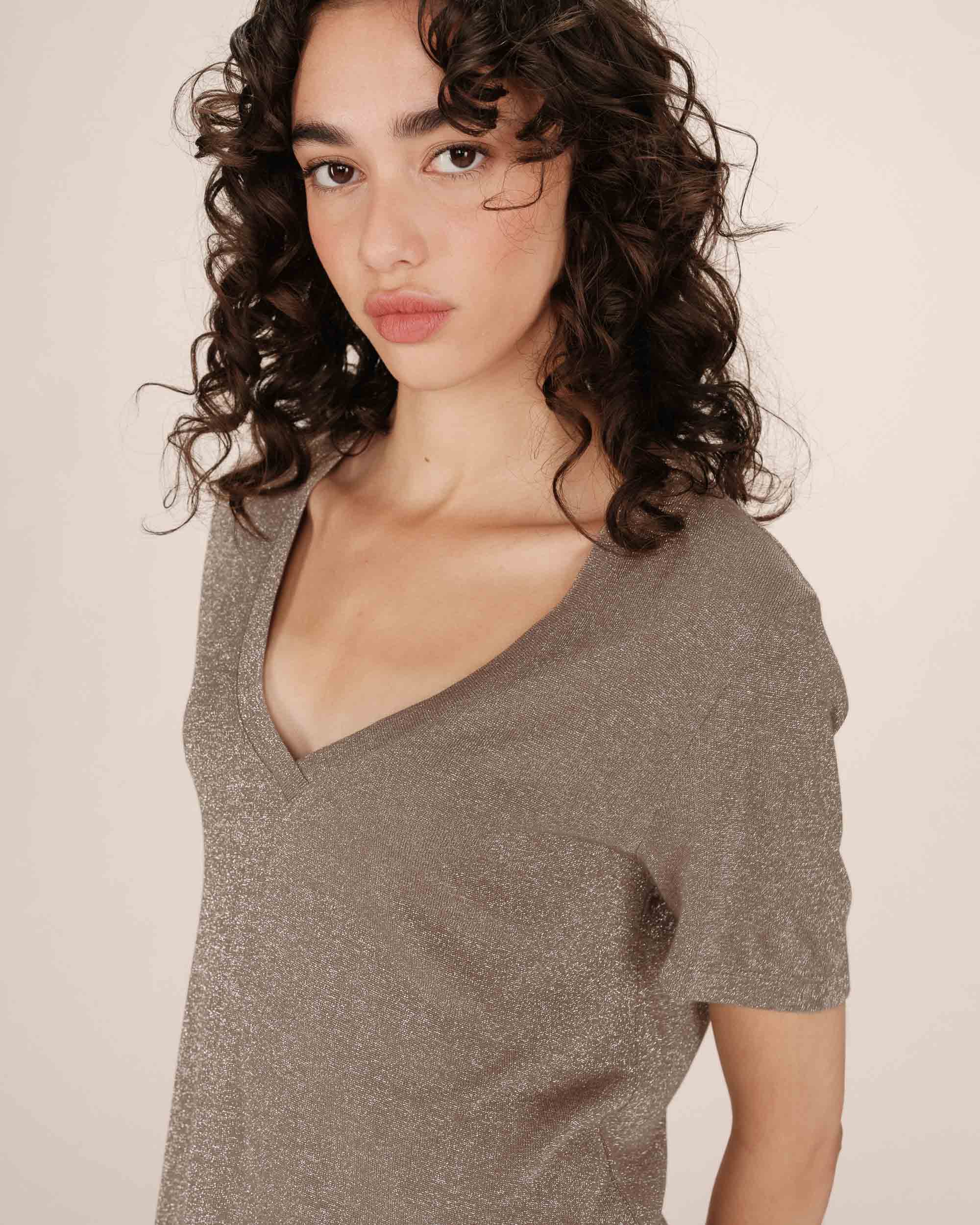 T-Shirt Col V Greige Stardust