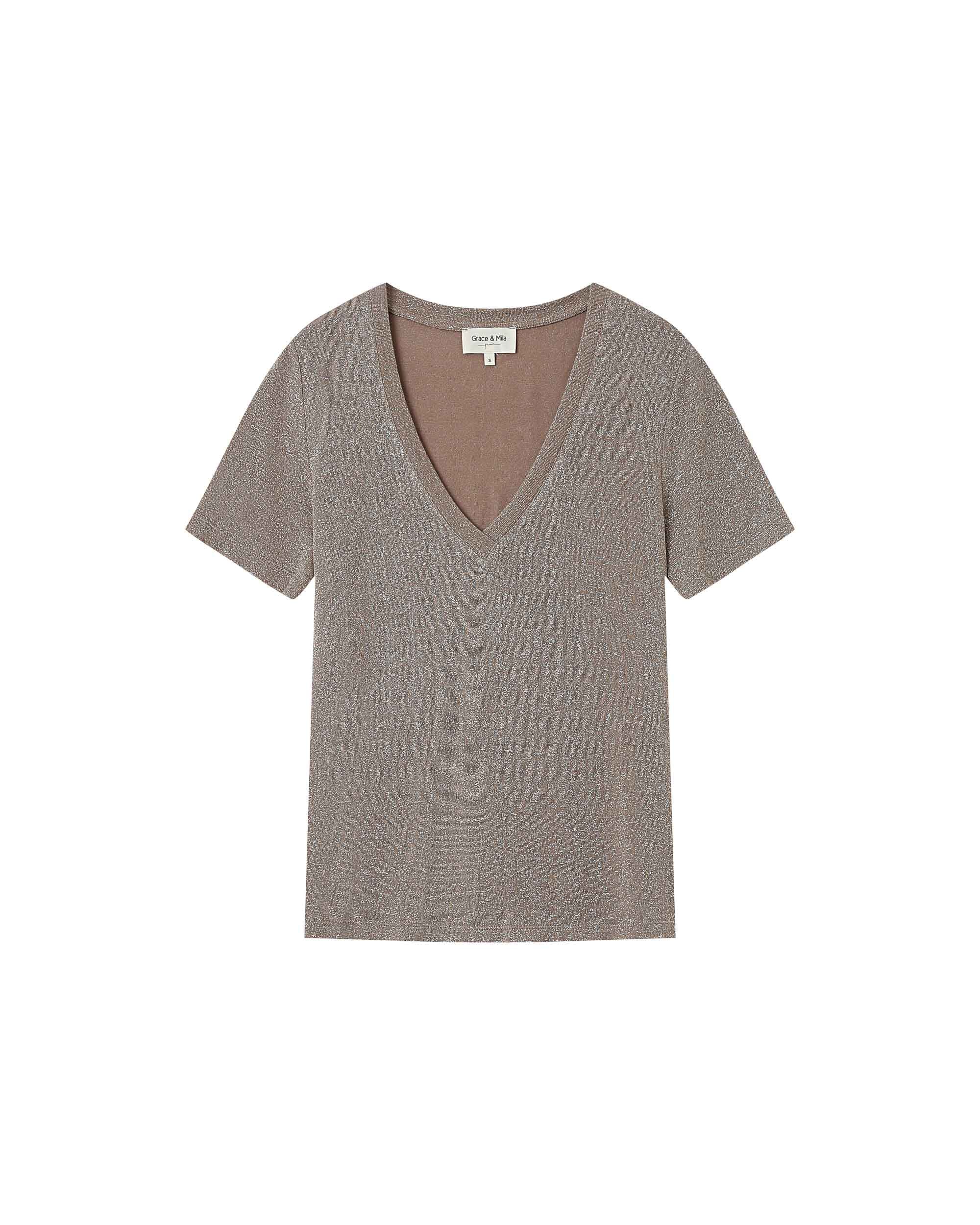 T-Shirt Col V Greige Stardust