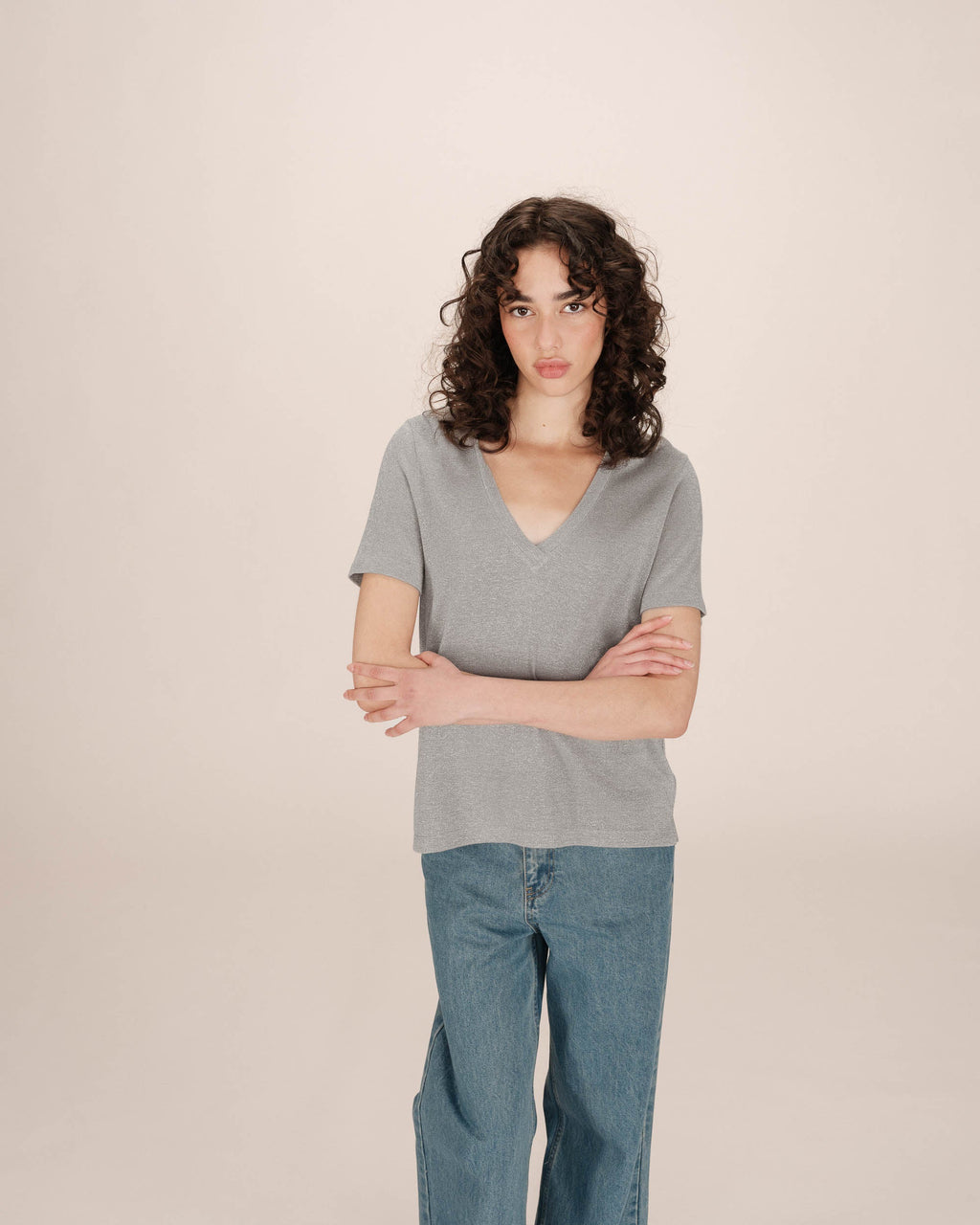 T-Shirt Col V Gris Stardust