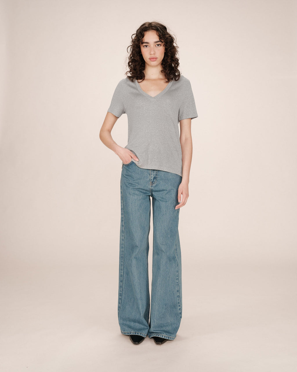 T-Shirt Col V Gris Stardust