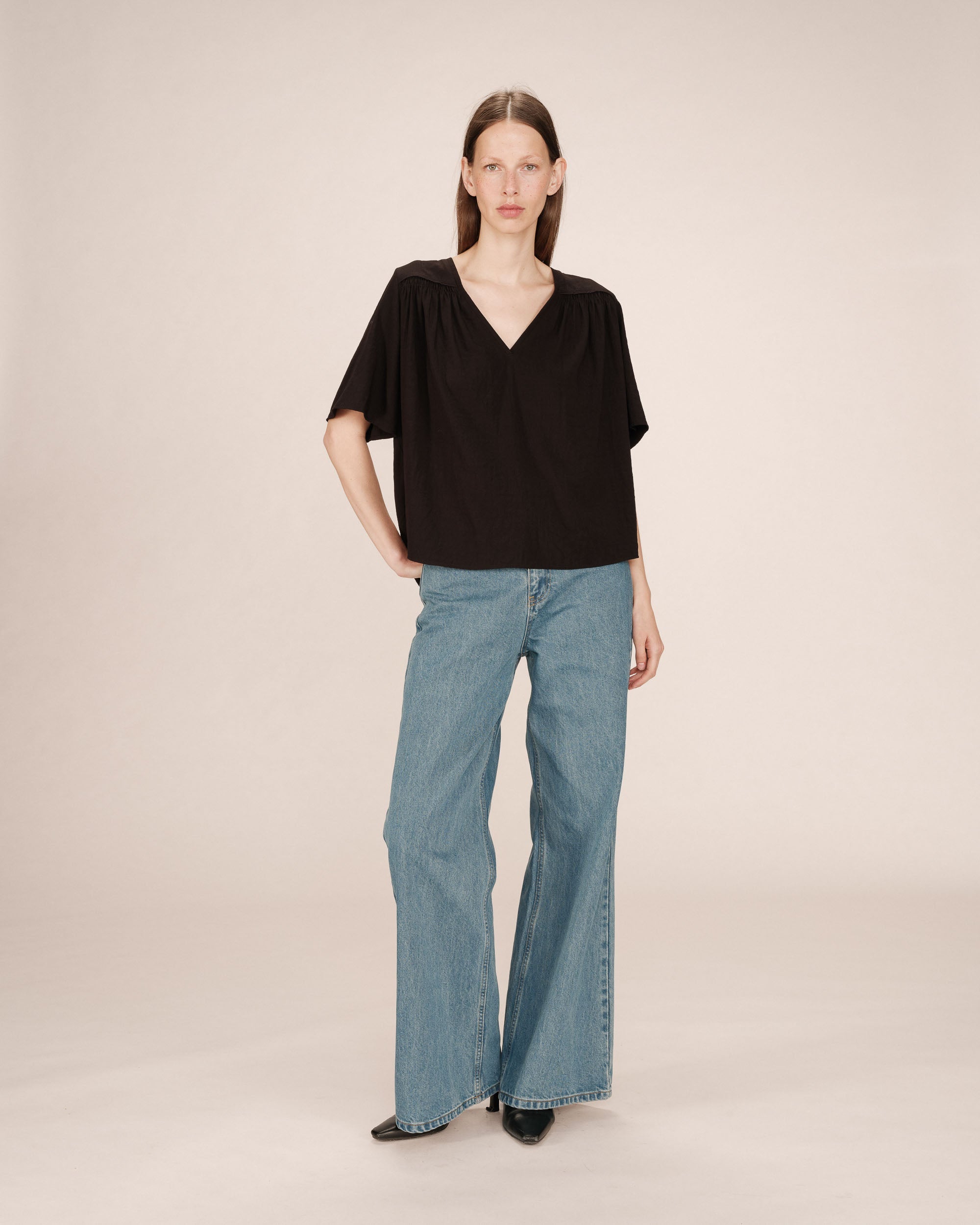 Black Straight Top with Gathers Seagal