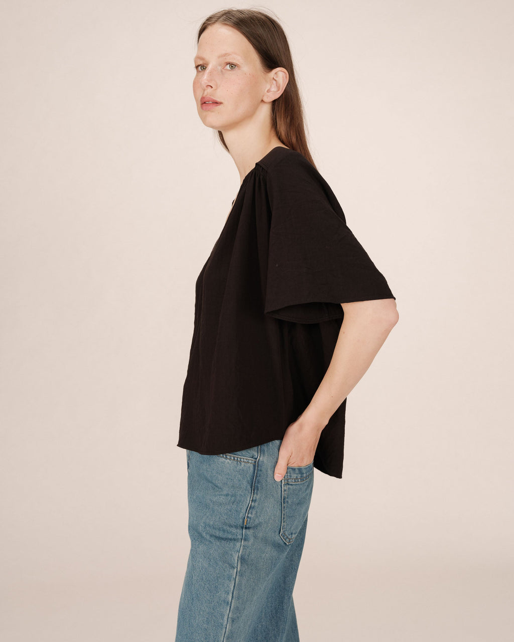 Black Straight Top with Gathers Seagal