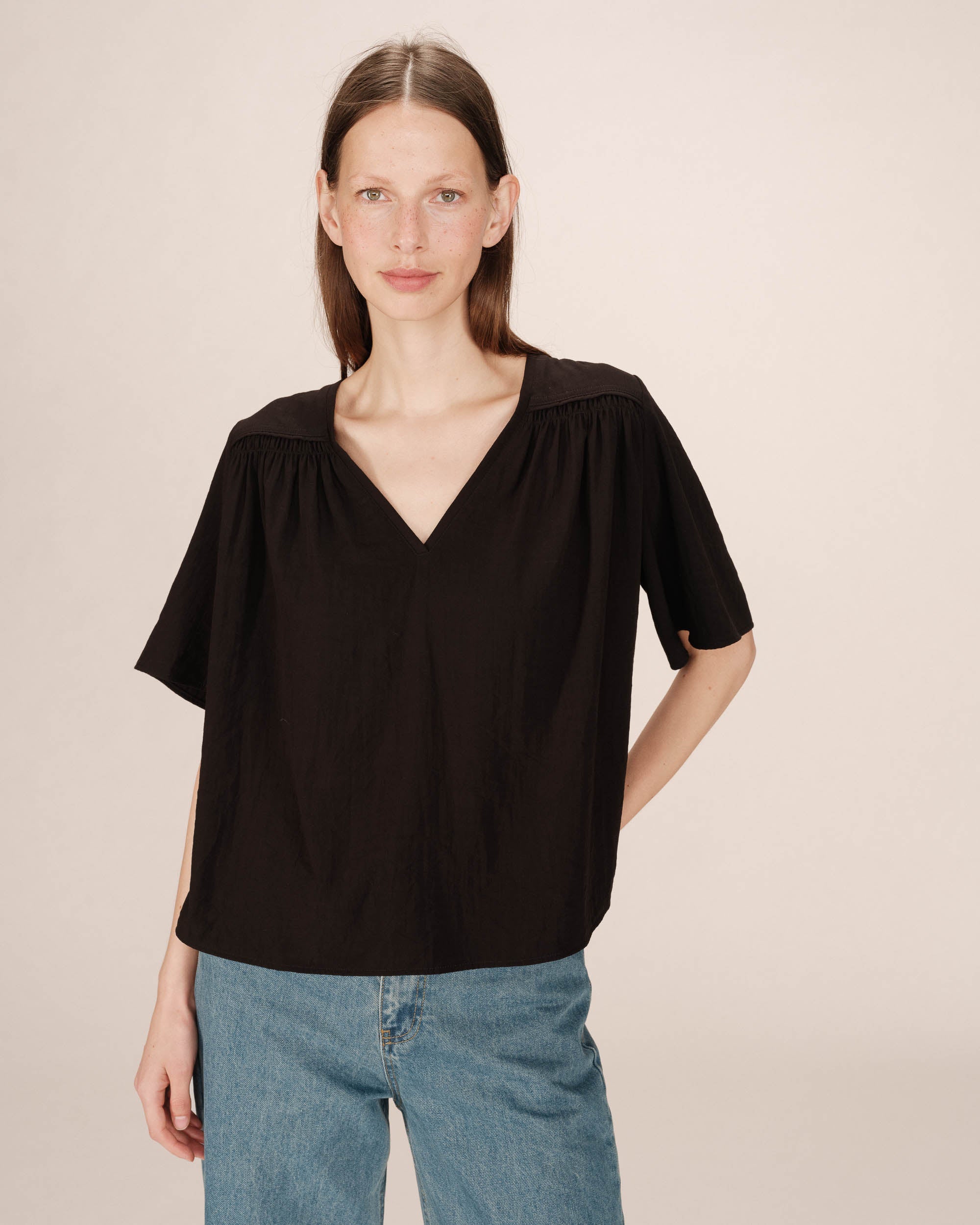 Black Straight Top with Gathers Seagal