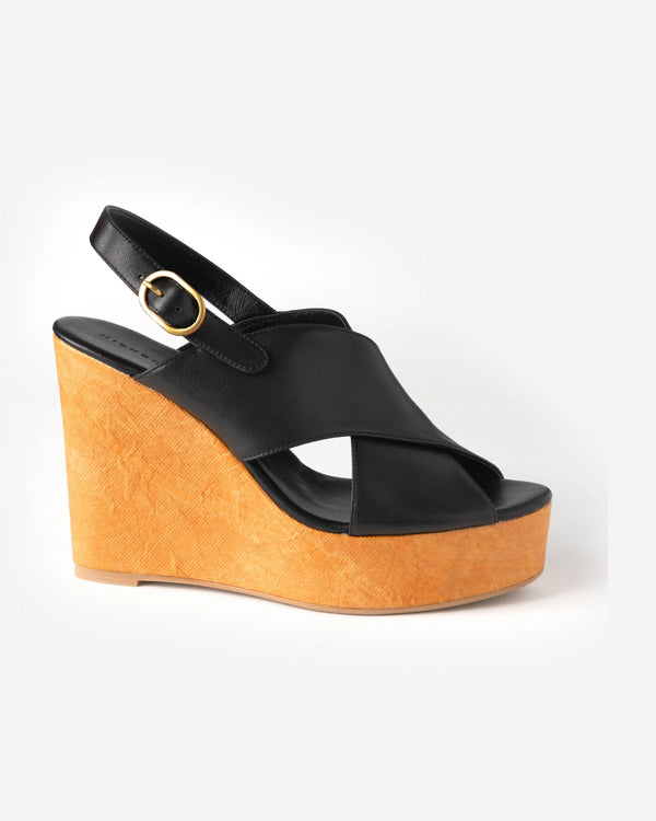 Michonet – Zeppe Black T37, sandali con zeppa neri in pelle con suola in legno chiaro