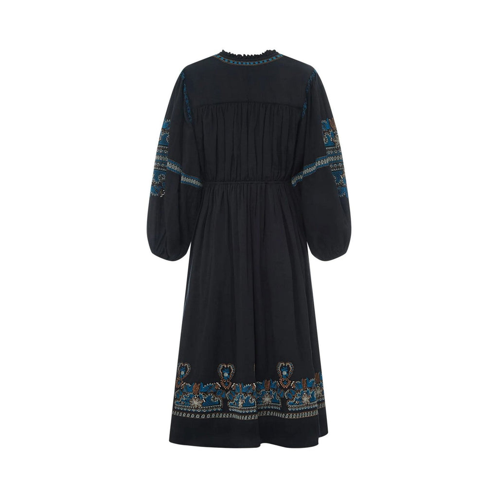 Alma Deia - Robe Midi Brodée Gaze De Coton Bio - Noir - Femme