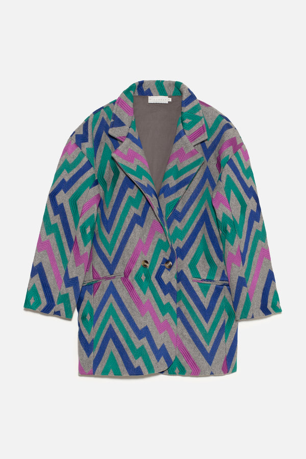 Michonet – Manteau Chevron Grey, giacca blazer grigia con motivi geometrici blu, verdi e rosa