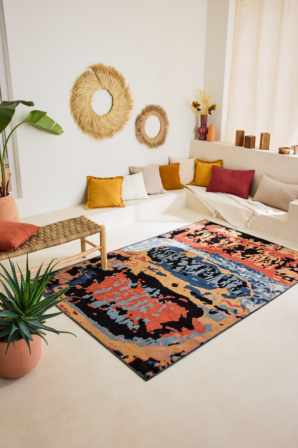 Rectangular black rug with abstract and colorful pattern - GARDEN Garden