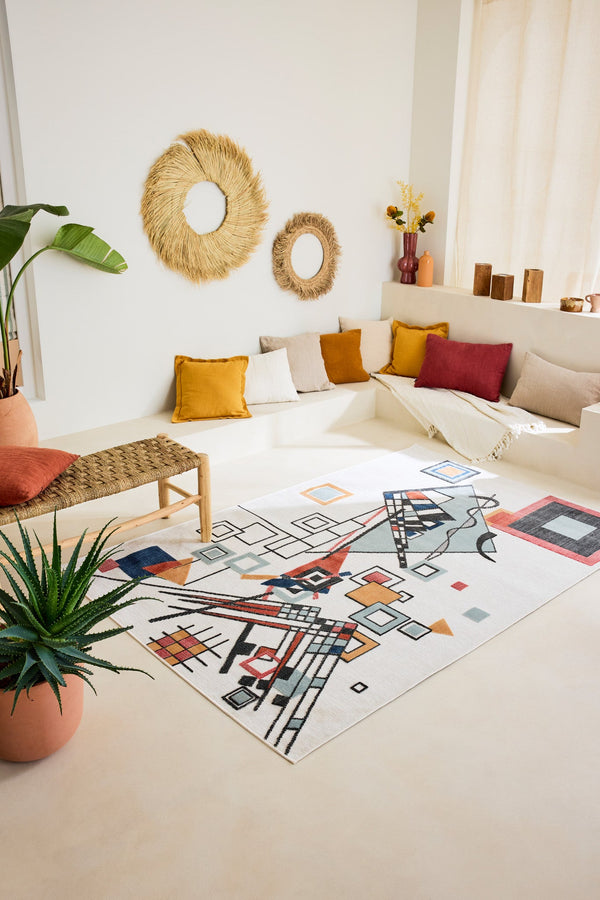 White rectangular rug with colorful artistic patterns - GARDEN Garden