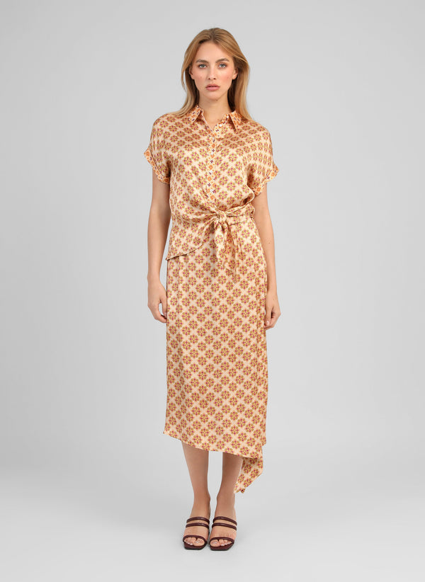 An'ge – Falda midi Gildana Pirimini Ble, modelo mujer con camisa y falda largas estampadas