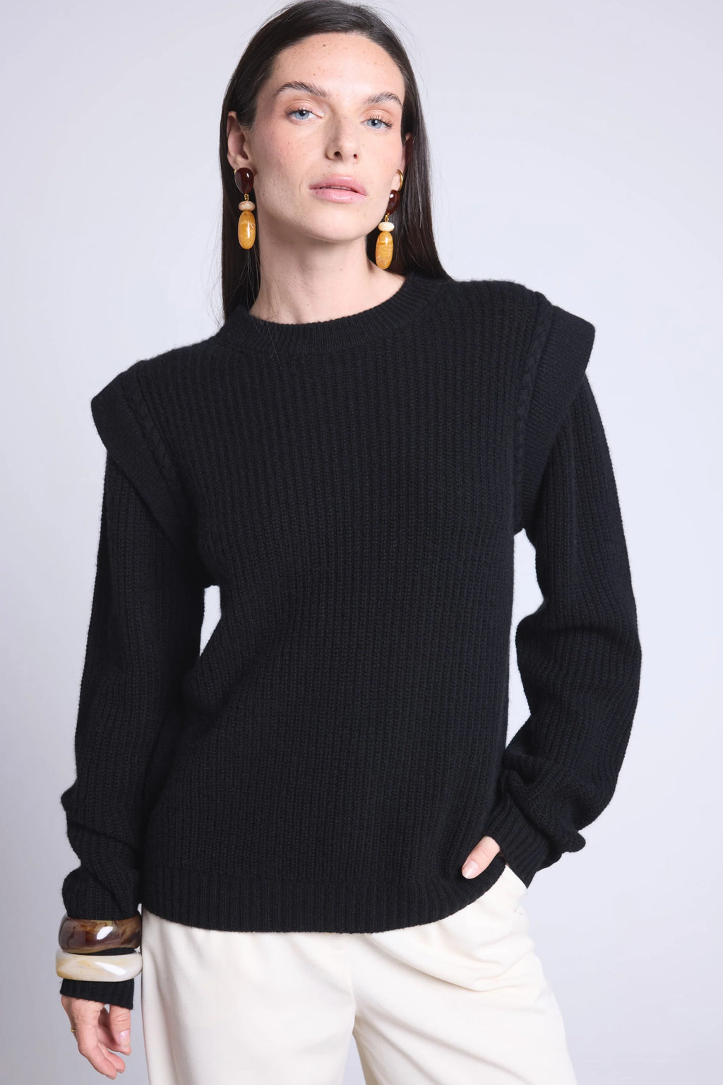 Jersey de cuello redondo con hombros estructurados Ginola - Negro - Mujer