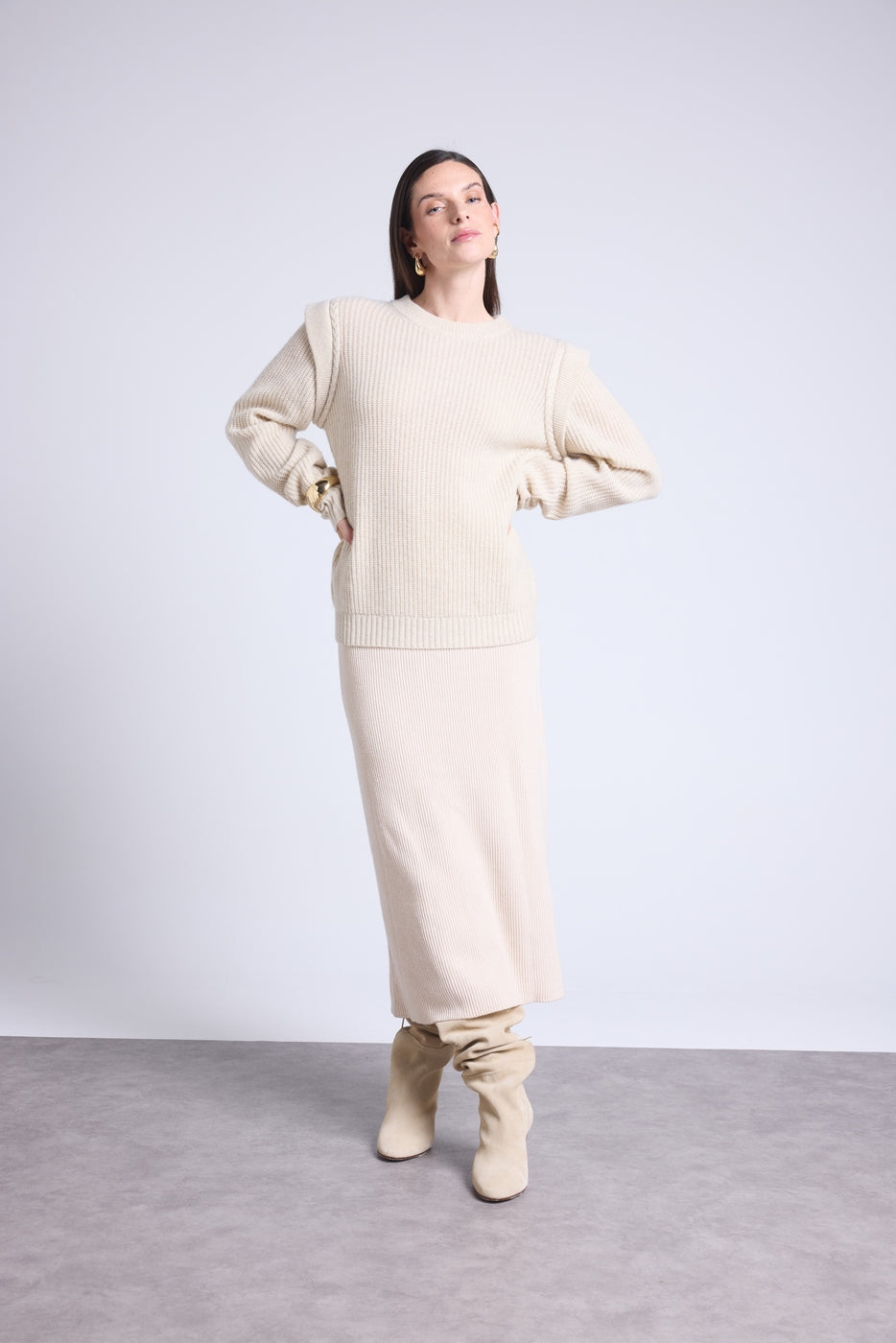 Jersey De Cuello Redondo Y Hombros Estructurados Ginola - Beige Crema - Mujer