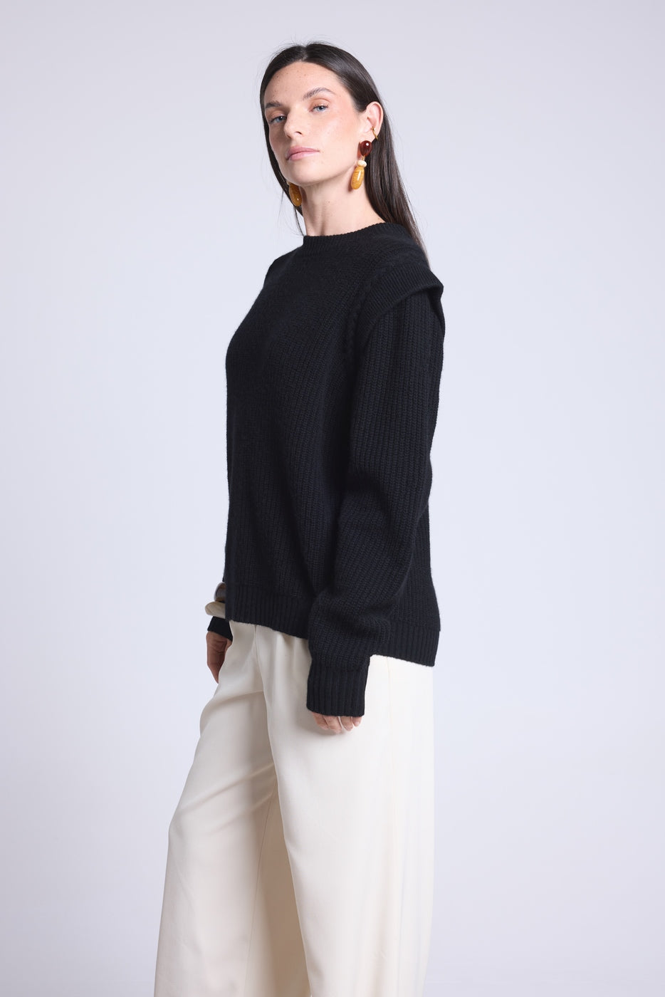 Jersey de cuello redondo con hombros estructurados Ginola - Negro - Mujer