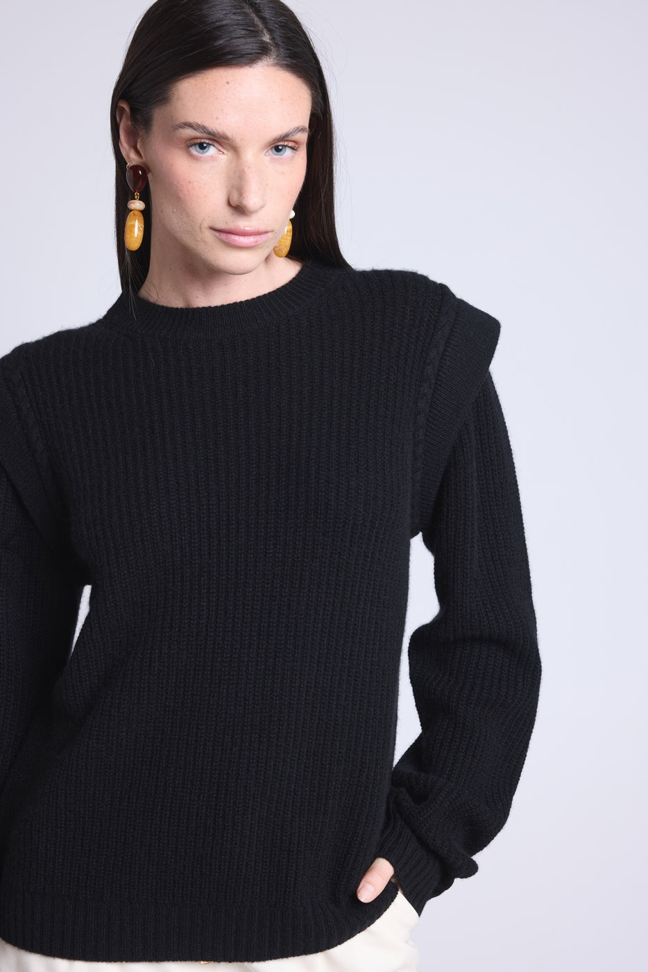 Jersey de cuello redondo con hombros estructurados Ginola - Negro - Mujer