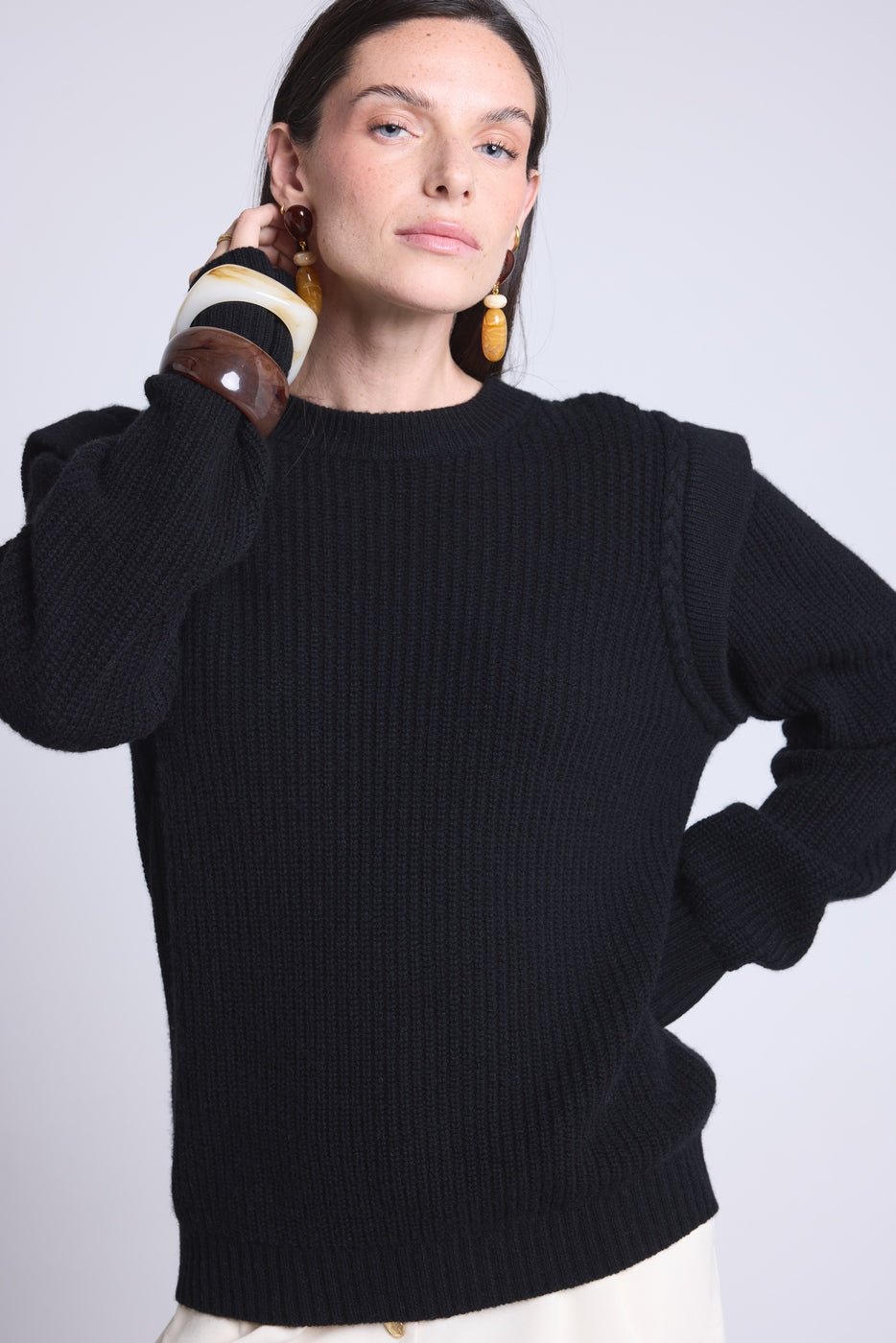 Jersey de cuello redondo con hombros estructurados Ginola - Negro - Mujer