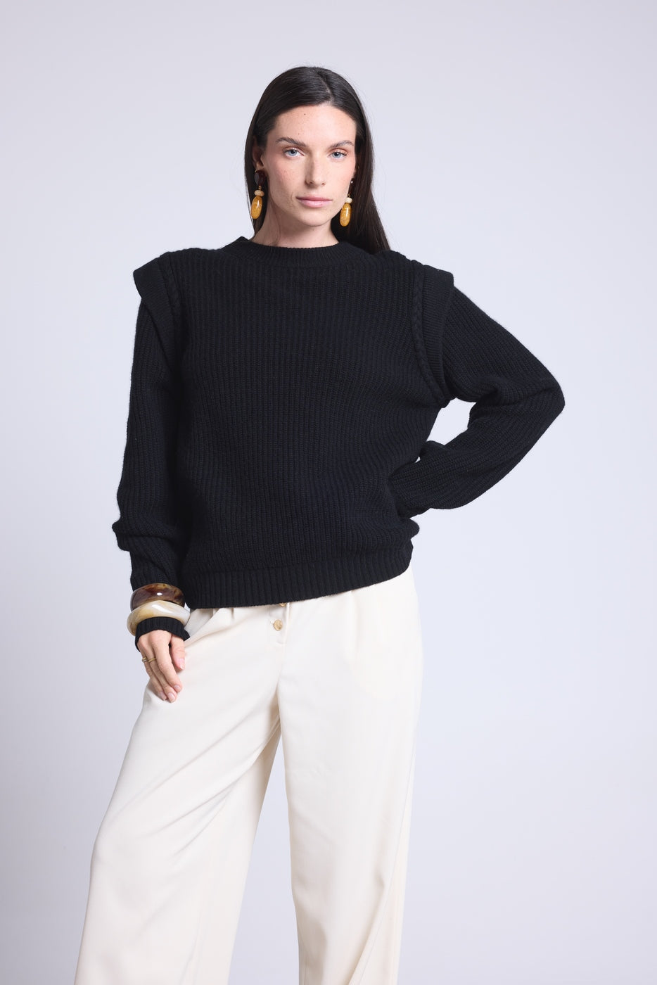 Jersey de cuello redondo con hombros estructurados Ginola - Negro - Mujer