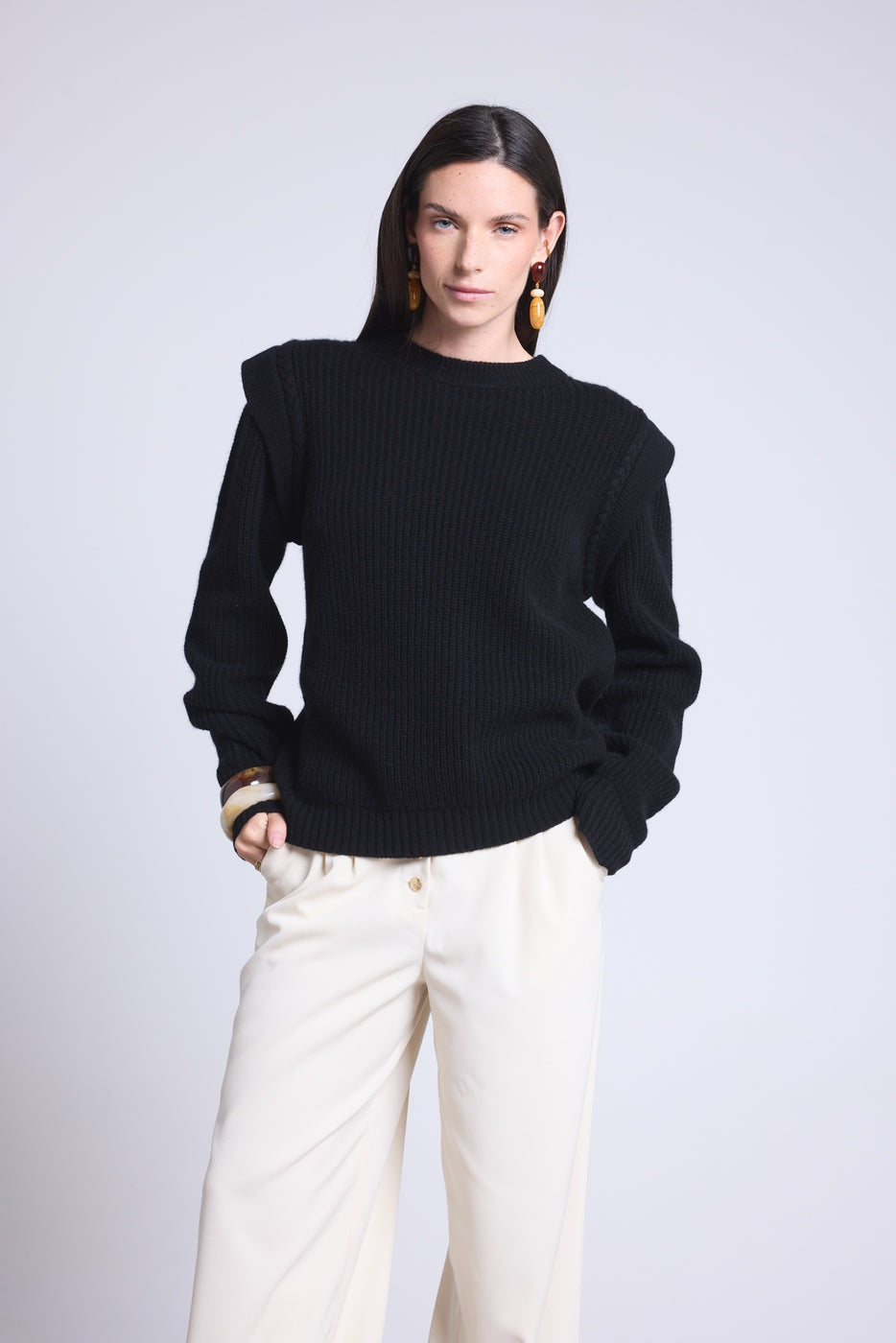 Jersey de cuello redondo con hombros estructurados Ginola - Negro - Mujer