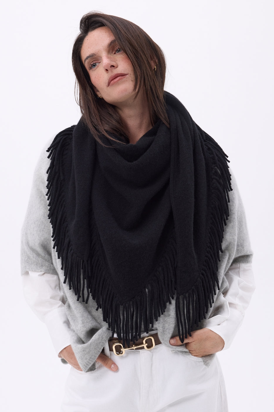 Grande Echarpe Triangle Bandana À Franges Gioia - Noir - Femme